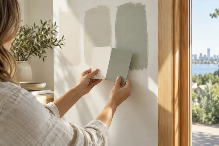 Colour samples compared with painted wall swatches in daylight