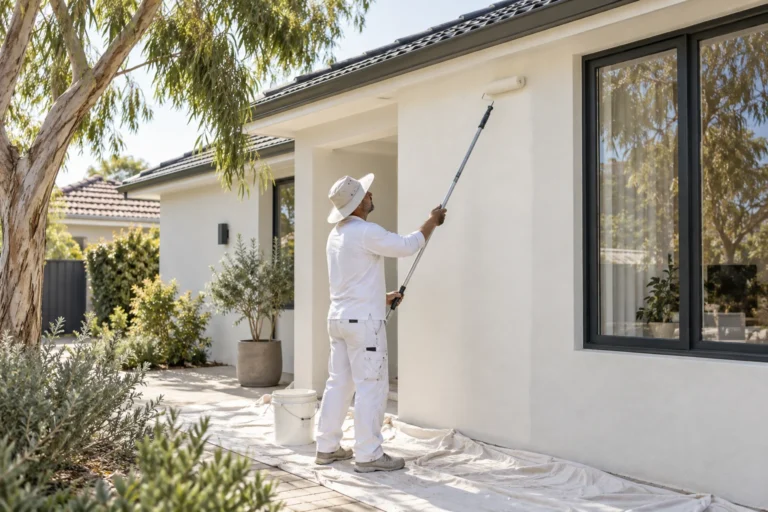 Painter coating a rendered exterior wall using an extension roller