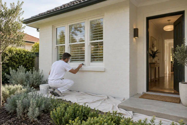 Painter brushing an exterior window frame during a house repaint