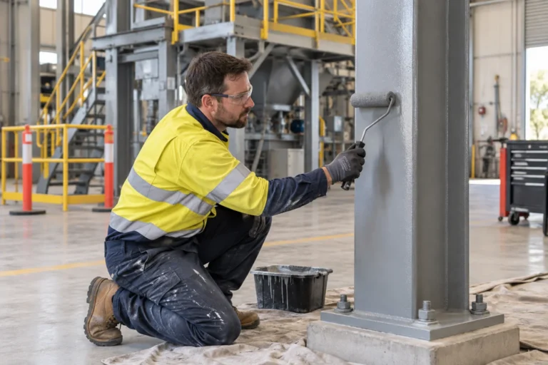 Technician applying a protective coating to a steel column