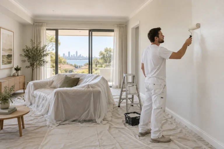 Painter rolling a living-room wall with furniture and floors protected
