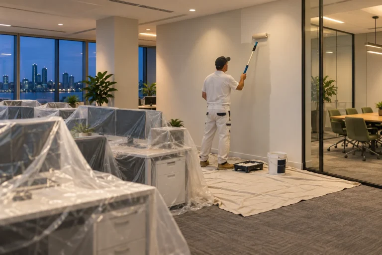 Office wall repaint with desks protected after hours