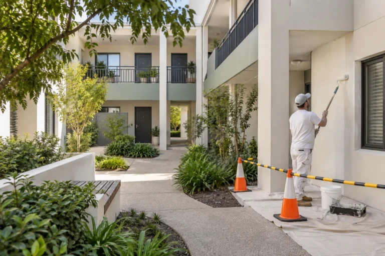 Apartment courtyard repaint with a separated work area